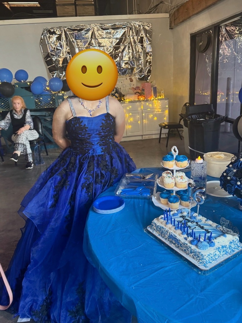 Royal Blue Prom Ball Gown with Black Lace Appliqué - Unbranded